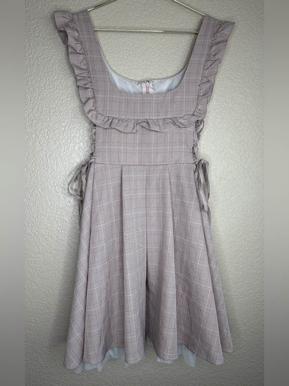 RARE HTF Secret Honey Lace-Up Side Plaid Ruffle-Trim Dress EUC sz 2 Brown/Tan
